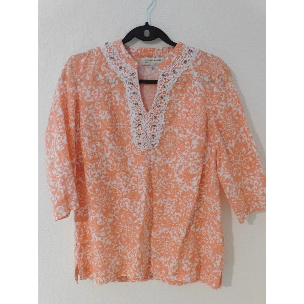 Jones New York Sport 100% Linen Orange Whie Tunic Top Crochet V Neck Size Small